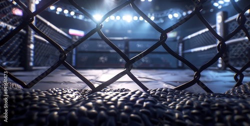 Ufc cage with black ropes and an empty stage in the background