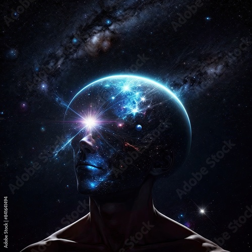 Silhouette of man with planets and stars in his head, blue galaxy background, hyper realistic. Generative AI