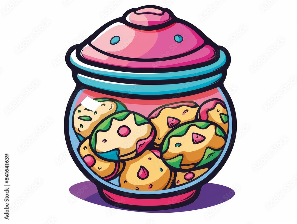 A drawing of a colorful cookie jar that looks absolutely delicious, in style of a magazine cartoon A drawing of a colorful cookie jar that looks absolutely delicious, in style of a magazine cartoon