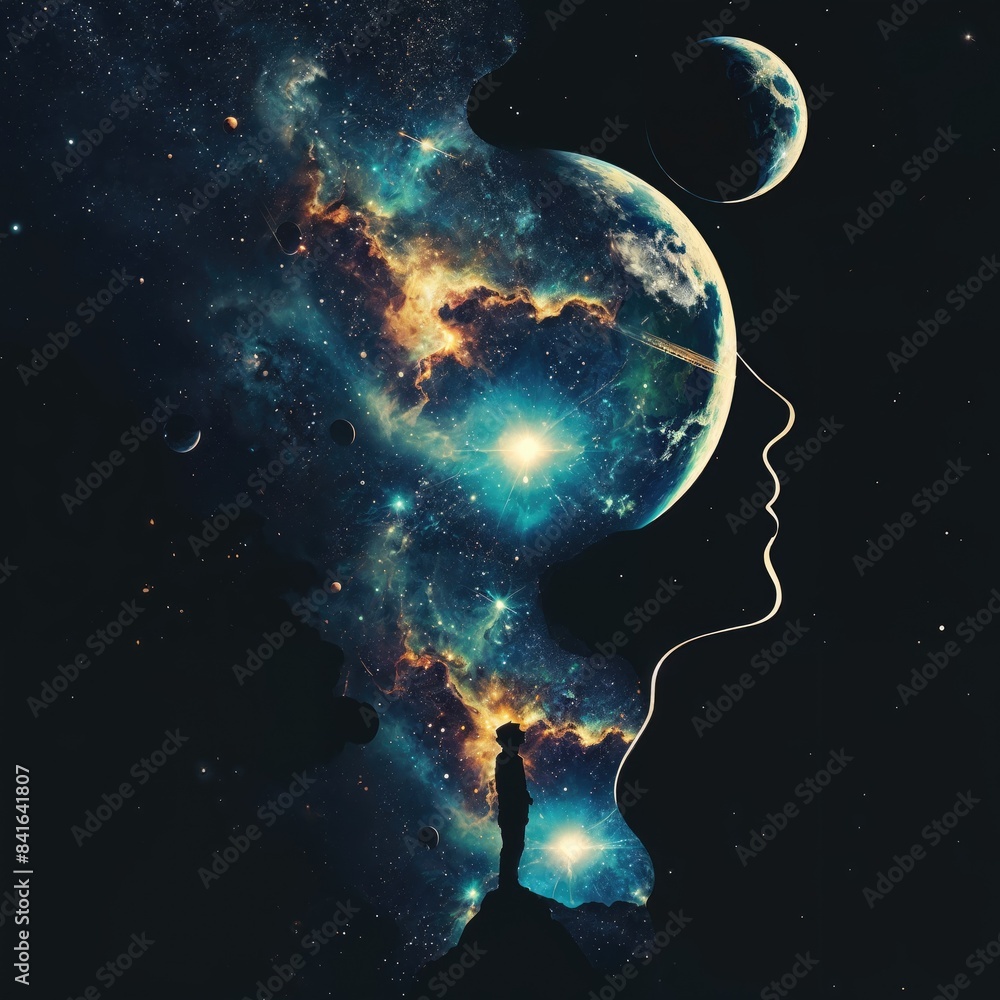 Silhouette of the back and head of a man, dark background with stars in space and a galaxy with planets and moon.