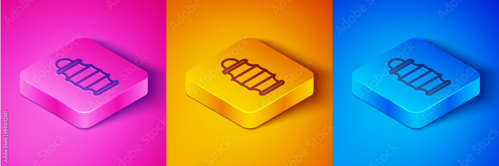 Isometric line Chinese paper lantern icon isolated on pink and orange, blue background. Square button. Vector Isometric line Chinese paper lantern icon isolated on pink and orange, blue background. Square button. Vector