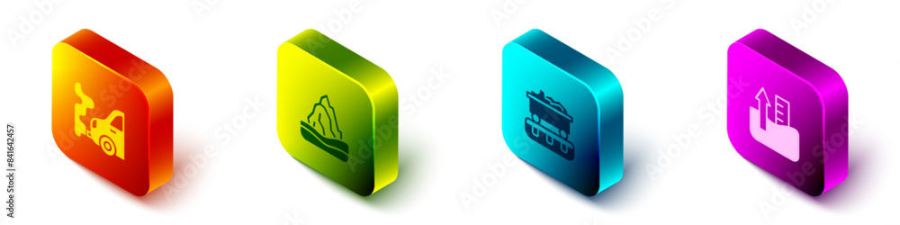 Set Isometric Car exhaust, Iceberg, Coal train wagon and Rise water level icon. Vector Set Isometric Car exhaust, Iceberg, Coal train wagon and Rise water level icon. Vector