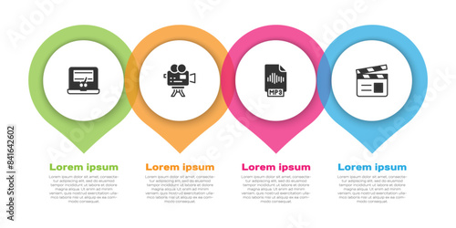 Set Video recorder on laptop, Retro cinema camera, MP3 file document and Movie clapper. Business infographic template. Vector