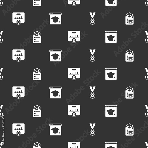 Set Medal, Online education, Key performance indicator and on seamless pattern. Vector