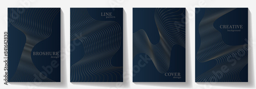 Elegant cover design set with gold lines and dark blue background. Luxury vector collection for cover design, invitation, flyer, wedding card, luxe invite, business banner, prestigious voucher, menu.	