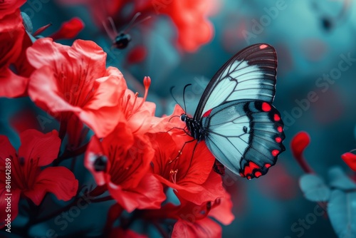 Stunning butterfly with translucent wings rests amid a flourish of red blossoms against a moody blue backdrop