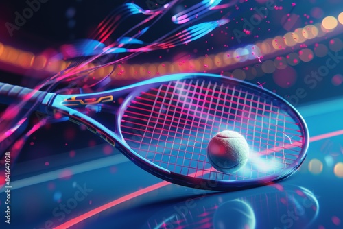 Dynamic 3D Illustration of Tennis Ball and Racket with Geometric Shapes and Vibrant Lighting for Olympic Energy