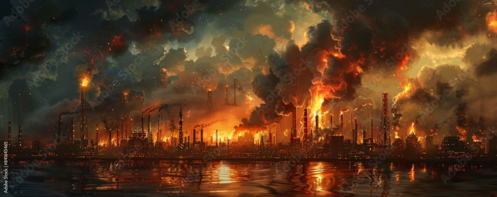 Burning oil refinery at night Burning oil refinery at night