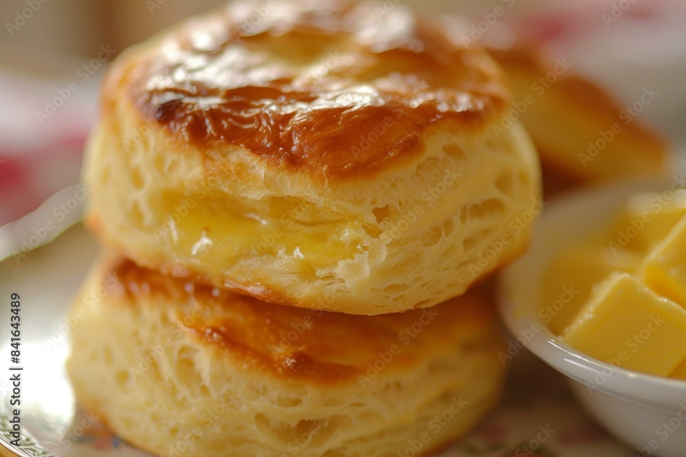 Close-up of soft, flaky buttermilk biscuits with a side of butter Close-up of soft, flaky buttermilk biscuits with a side of butter