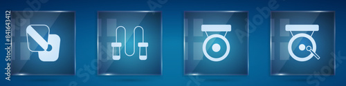 Set Boxing training paws, Jump rope, gong and . Square glass panels. Vector