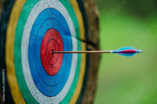 Blue Feathered Arrow Hitting the Bullseye of Colorful Archery Target in Green Field Background