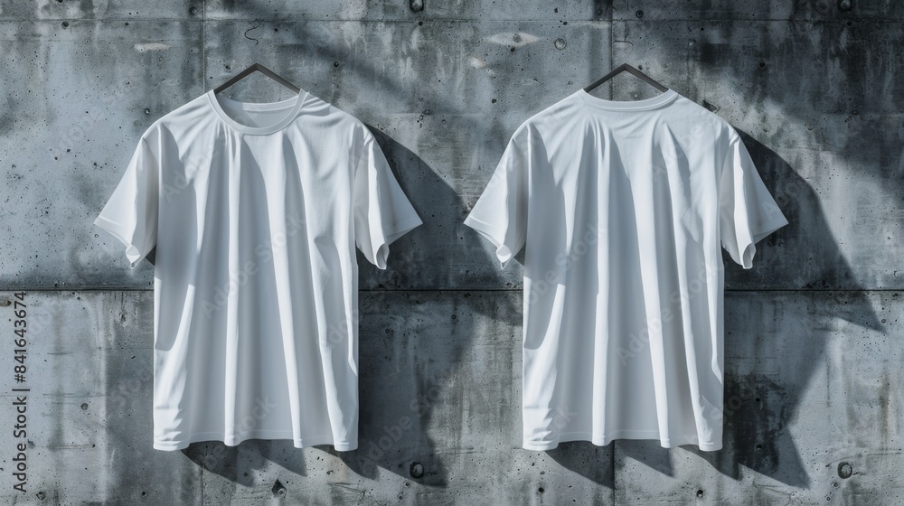 Two plain gray T-shirts on a textured dark gray background. Two plain gray T-shirts on a textured dark gray background.