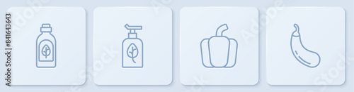 Set line Essential oil bottle, Bell pepper, Organic cosmetic and Eggplant. White square button. Vector
