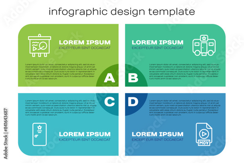 Set line Backstage, Scenario on chalkboard, MOV file document and Actor trailer. Business infographic template. Vector