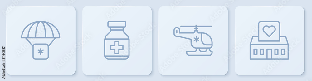 Set line Humanitarian aid, Rescue helicopter, Medicine bottle and pills and Volunteer center. White square button. Vector
