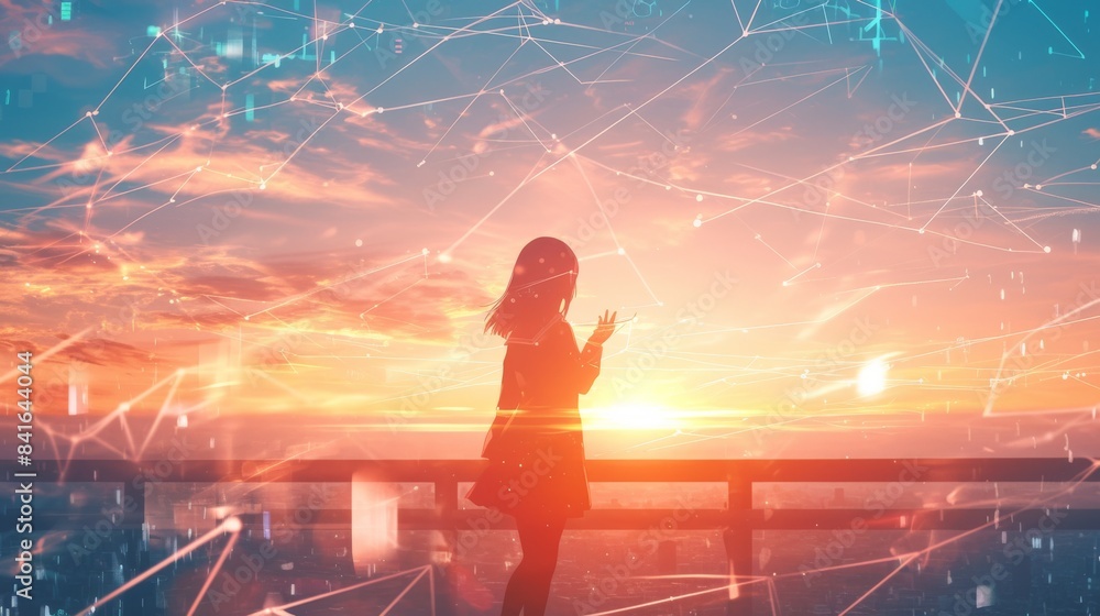 Fototapeta premium Charming anime girl on a bridge at sunset, economic graphs floating in the air, white background, perfect for professional and creative financial content
