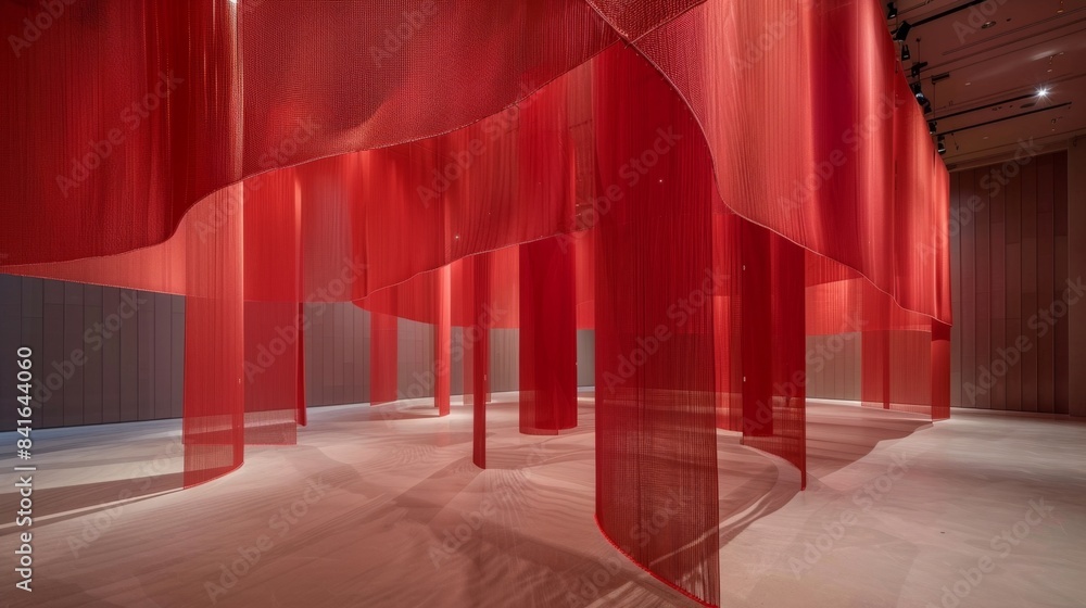 Fototapeta premium Art Installation of Cascading Red Fabric Sheets in Modern Gallery Space