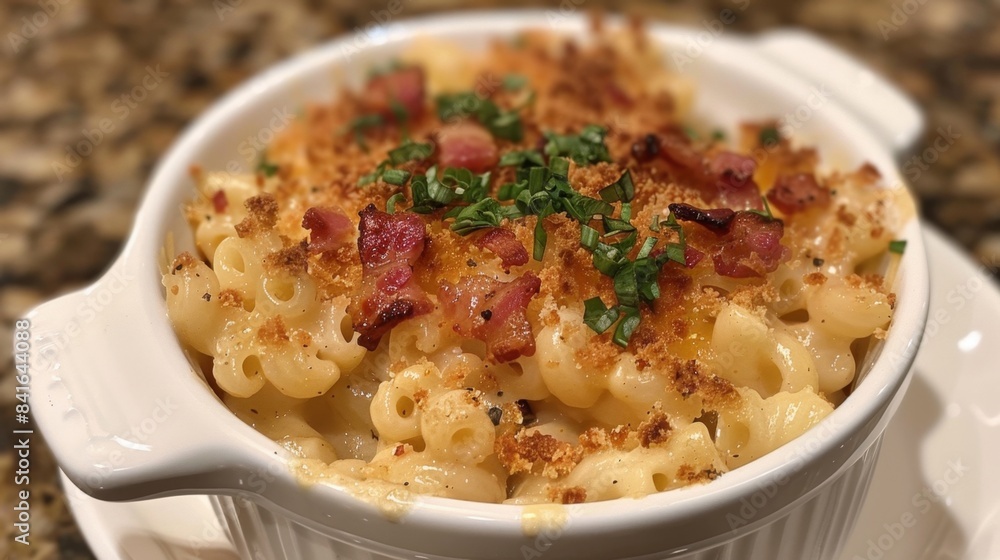 Cheesy Bacon Macaroni in Skillet on Wooden Table. Bacon Mac and Cheese