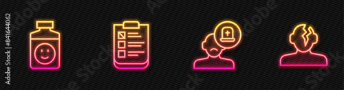 Set line Male doctor, Antidepressants, Psychological test and Solution problem in psychology. Glowing neon icon. Vector