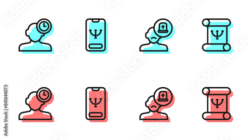 Set line Male doctor, Insomnia, Online psychological counseling and Psychology book icon. Vector
