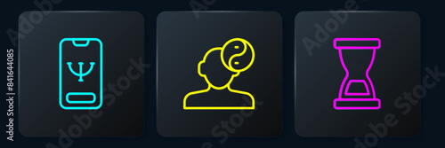 Set line Online psychological counseling, Old hourglass and Yin Yang symbol. Black square button. Vector