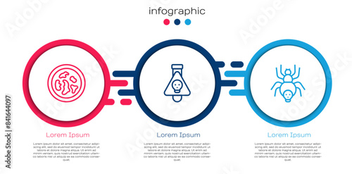 Set line Petri dish with bacteria, Bottle potion and Poisonous spider. Business infographic template. Vector