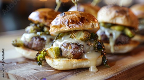 Gourmet Mini Burgers with Caramelized Onions on Dark Slate. Brussels Sprout Sliders