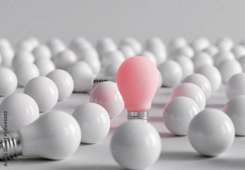 A standout light bulb shines brightly among others on a white background, symbolizing creativity, inspiration, innovation, and thinking differently. 3D rendering illustration. A standout light bulb shines brightly among others on a white background, symbolizing creativity, inspiration, innovation, and thinking differently. 3D rendering illustration.