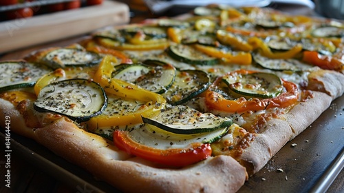 Fresh Vegetarian Pizza with Basil and Tomato on Wooden Board photo