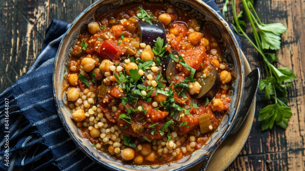Harissa Chickpea Stew with Eggplant and Millet. Moroccan Vegetable Tagine with Couscous Harissa Chickpea Stew with Eggplant and Millet. Moroccan Vegetable Tagine with Couscous