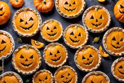 Exquisite Halloween pumpkin pies with original adornments.