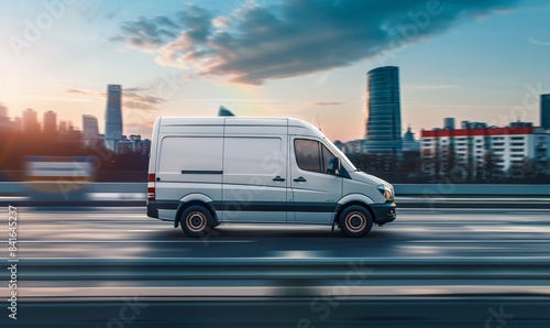 A white delivery van speeds on an urban expressway at sunset, blending into the cityscape. The modern logistics swiftly operate in this urban environment, showcasing vibrant transport © Fox