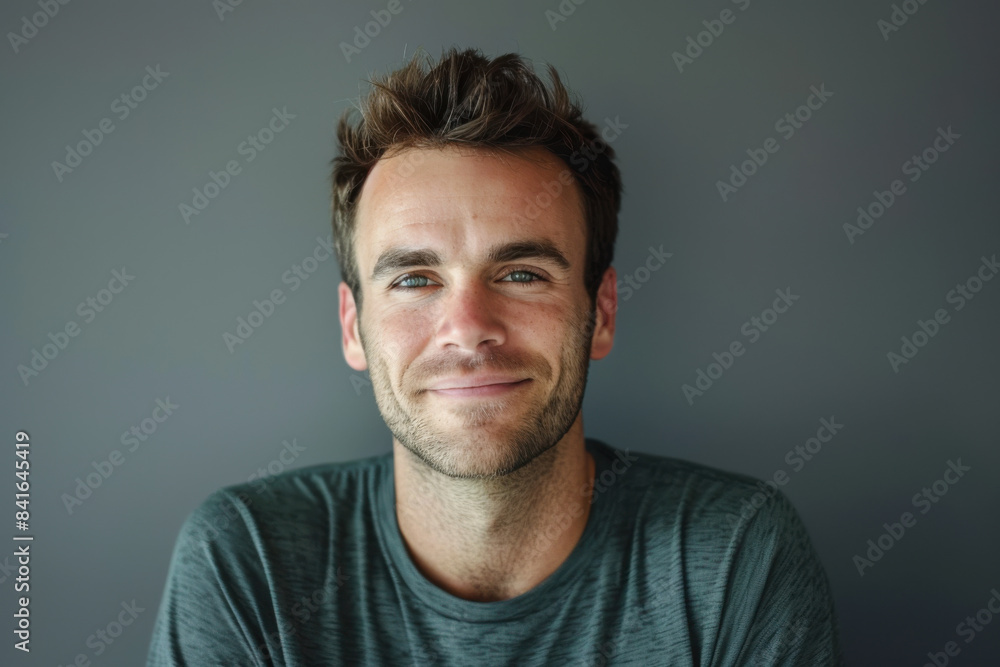 A close up portrait of a young man with a subtle smile A close up portrait of a young man with a subtle smile