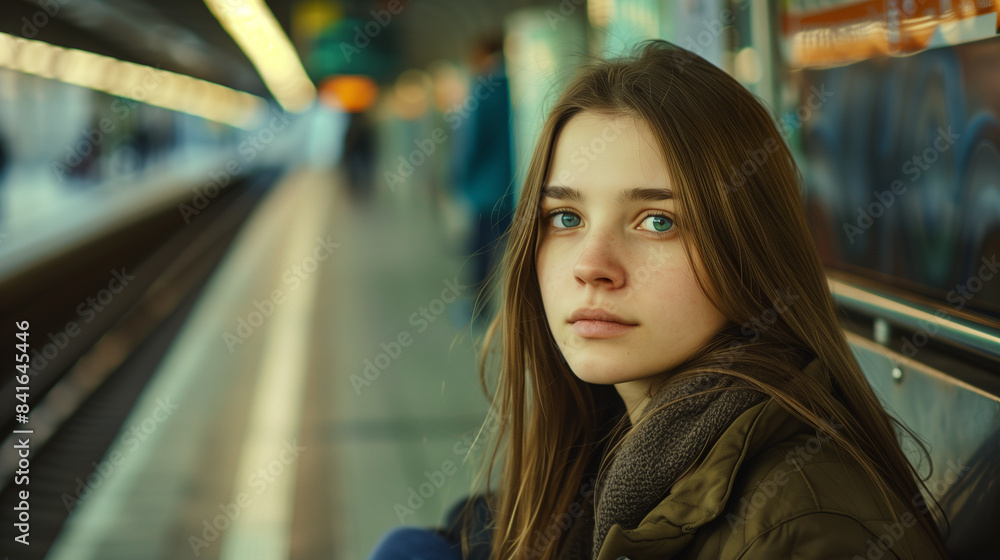 Adult caucasian woman with long hair and green eyes sit on the metro station Adult caucasian woman with long hair and green eyes sit on the metro station