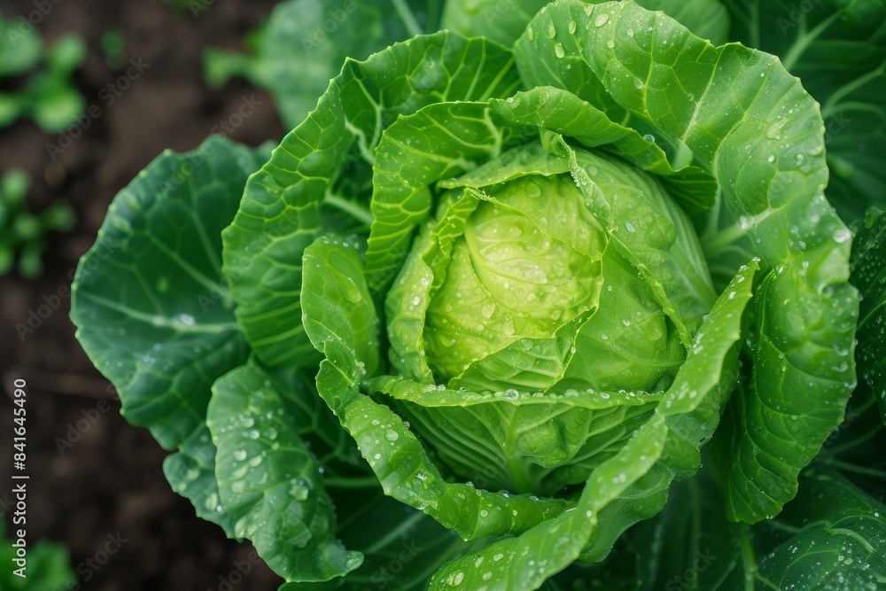 Close-up of a lush green cabbage with dew drops in an organic garden Close-up of a lush green cabbage with dew drops in an organic garden