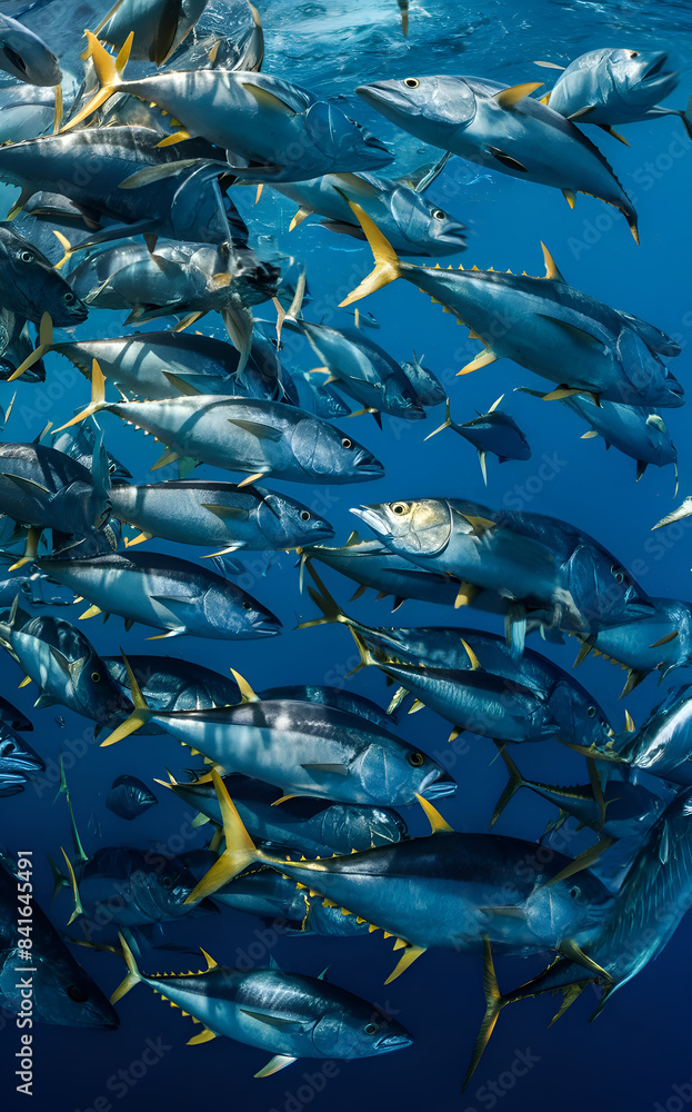 school of tuna fish shooting in ocean under water. close up. Ai generated