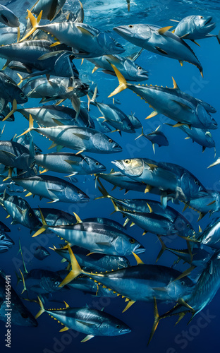 Obraz na płótnie school of tuna fish shooting in ocean under water. close up. Ai generated w salonie