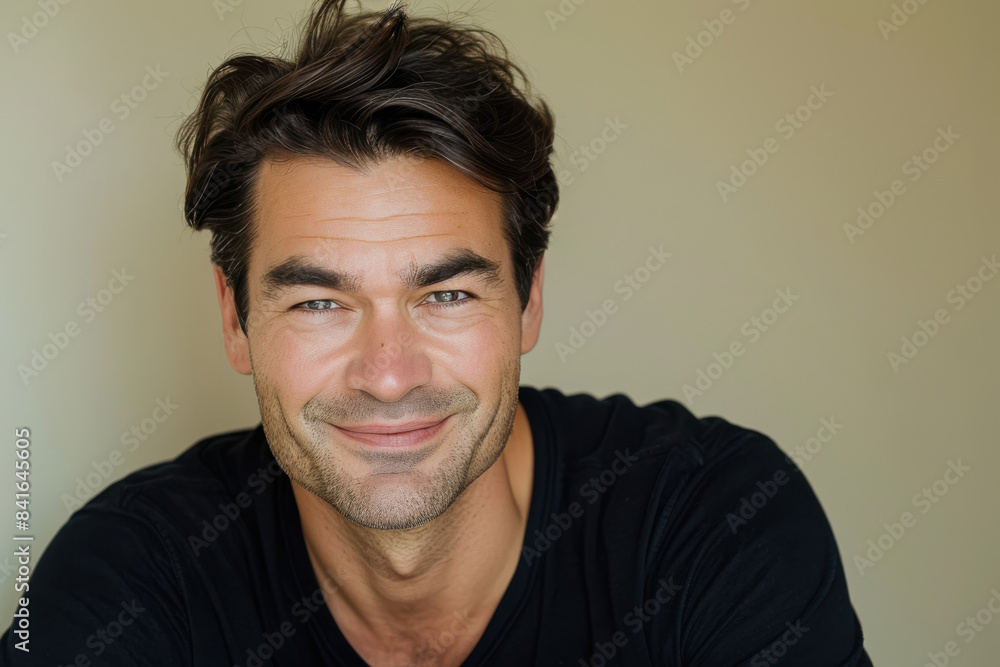 A close up portrait of a young man with a subtle smile A close up portrait of a young man with a subtle smile