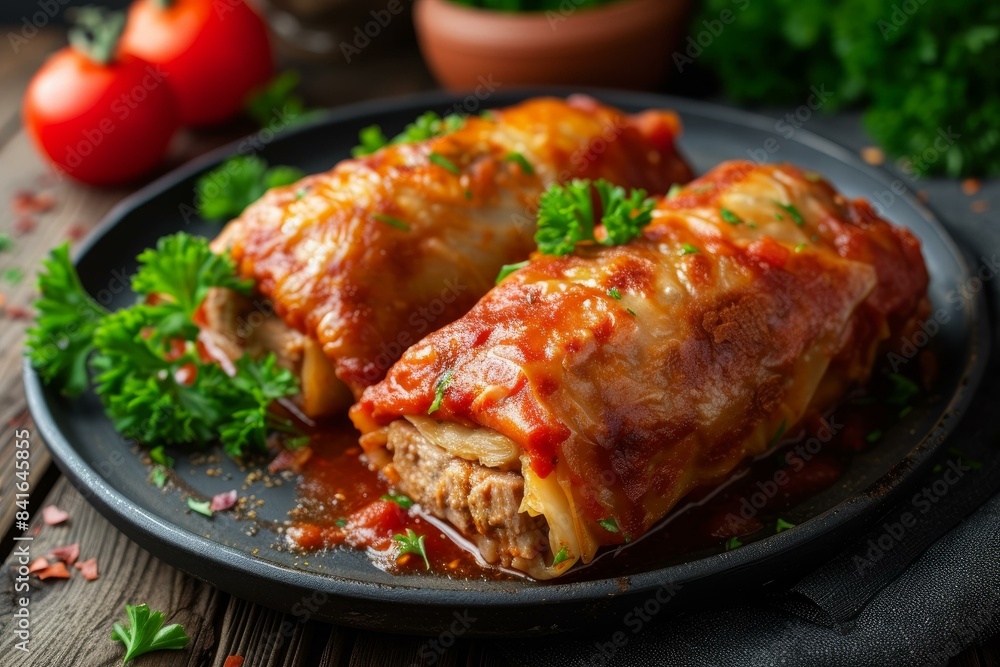 Delicious and hearty cabbage rolls filled with meat, rice, and spices, topped with a rich tomato sauce Delicious and hearty cabbage rolls filled with meat, rice, and spices, topped with a rich tomato sauce