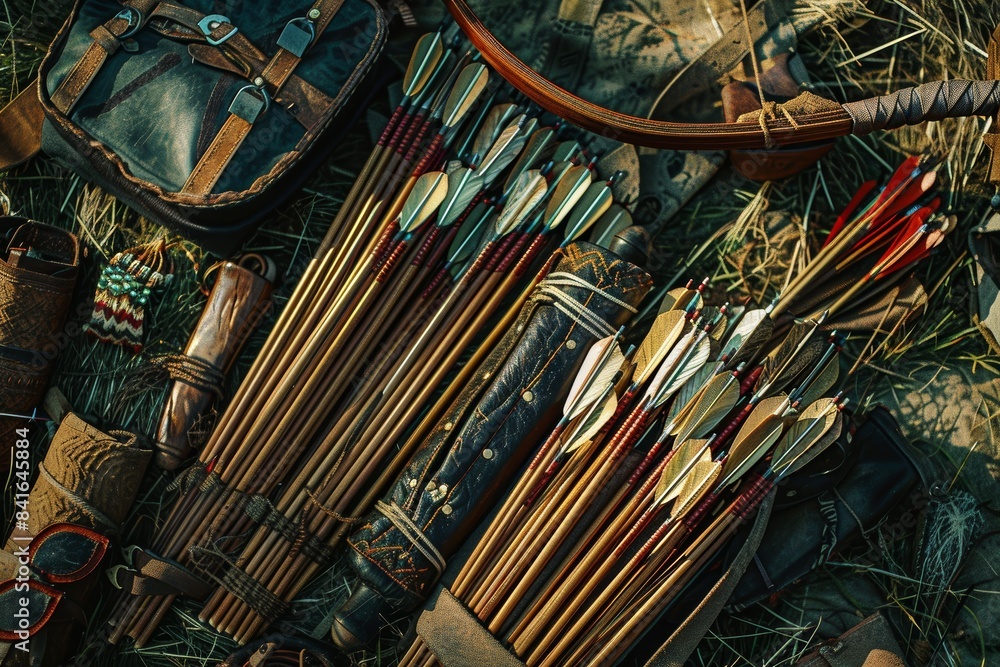 Obraz premium Archery Equipment Detailed Close-Up: Arrows, Bow, and Quiver Arrangement for Outdoor Training