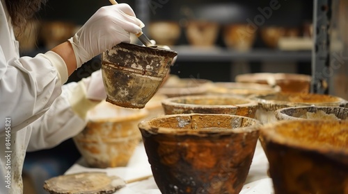 A conservator carefully cleans a collection of ancient pottery in a museum