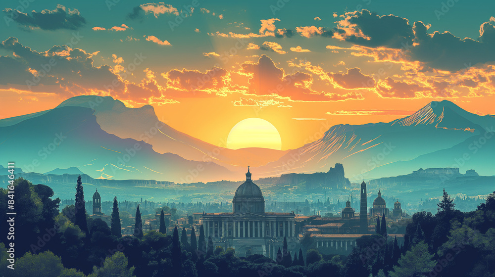 Obraz premium Historical landmarks in detailed illustrations.