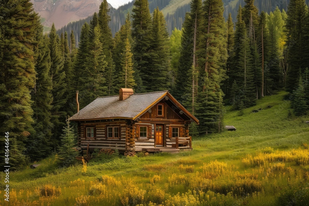 Charming wooden cabin amidst tall pines and wildflowers in a serene forest, evoking peace and solitude Charming wooden cabin amidst tall pines and wildflowers in a serene forest, evoking peace and solitude