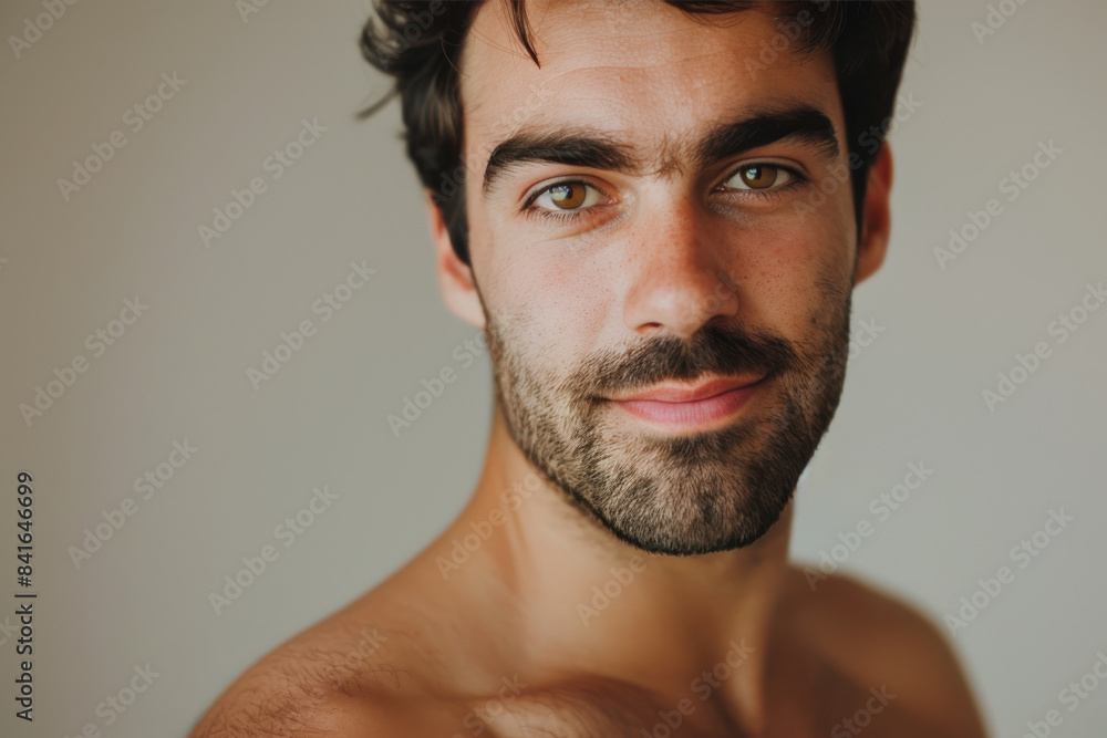 A close up portrait of a young man with a subtle smile A close up portrait of a young man with a subtle smile