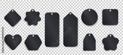 Mockup of blank price tags with a string for hanging on transparent background. Template of black discount paper labels for shopping or gift tags, cards, badges with cord. Vector cardboard stickers