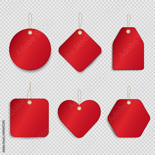 Template of red various price tags with blank space for text on transparent background. Mockup of discount paper labels, shopping cards, promotion badges, stickers or gift tags with string for hanging