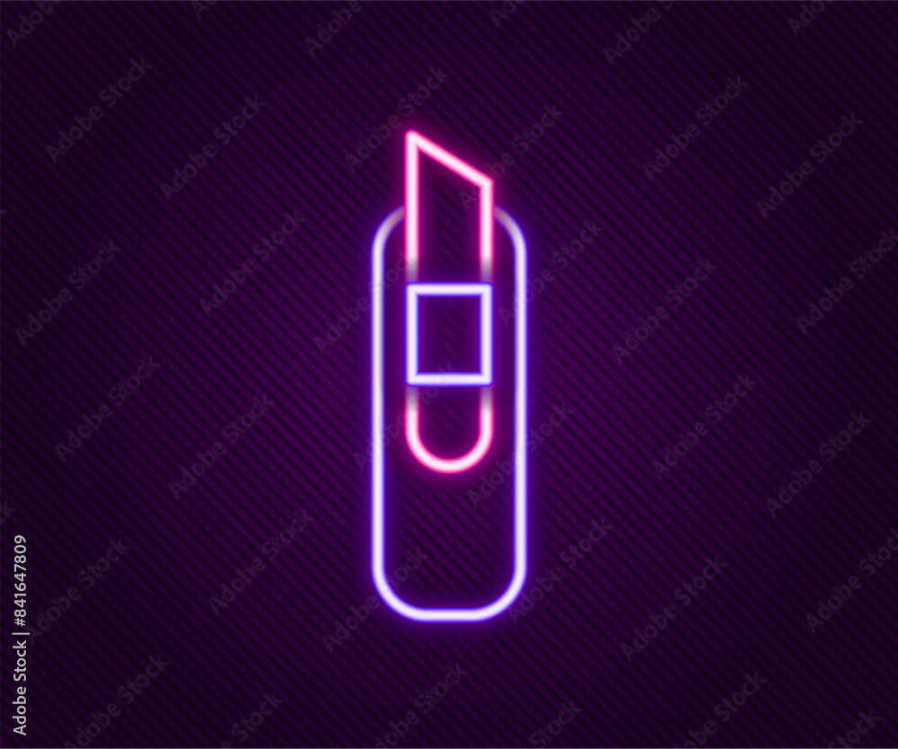 Glowing neon line Stationery knife icon isolated on black background. Office paper cutter. Colorful outline concept. Vector Glowing neon line Stationery knife icon isolated on black background. Office paper cutter. Colorful outline concept. Vector