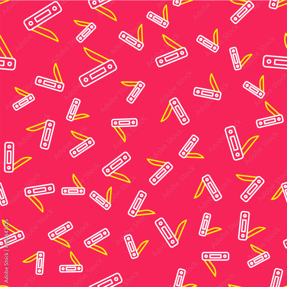 Line Swiss army knife icon isolated seamless pattern on red background. Multi-tool, multipurpose penknife. Multifunctional tool. Vector Line Swiss army knife icon isolated seamless pattern on red background. Multi-tool, multipurpose penknife. Multifunctional tool. Vector