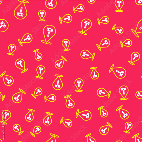 Line Auction hammer icon isolated seamless pattern on red background. Gavel - hammer of judge or auctioneer. Bidding process, deal done. Auction bidding. Vector