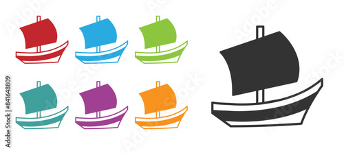 Black Egyptian ship icon isolated on white background. Egyptian papyrus boat. Set icons colorful. Vector